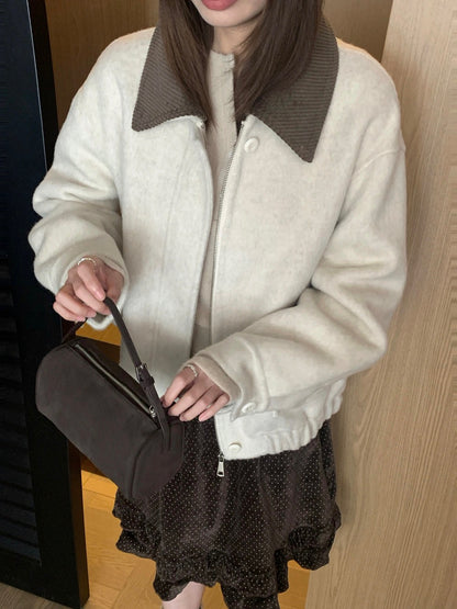 J71 / 超韓重工拼燈芯絨疊領羊毛外套(領子可拆)(65%wool)
