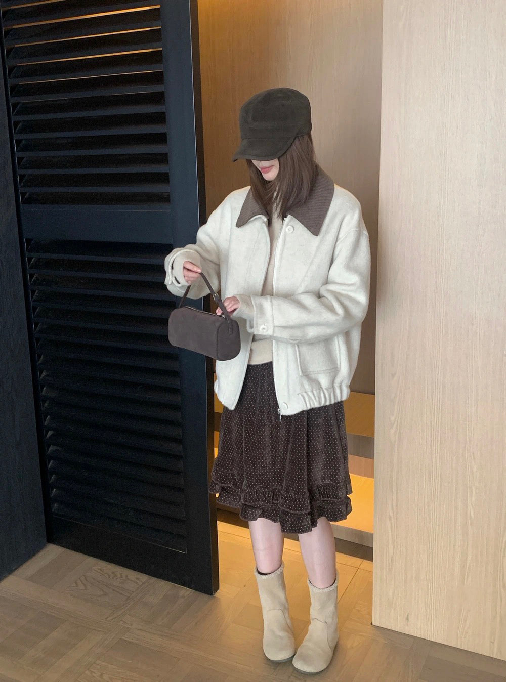 J71 / 超韓重工拼燈芯絨疊領羊毛外套(領子可拆)(65%wool)