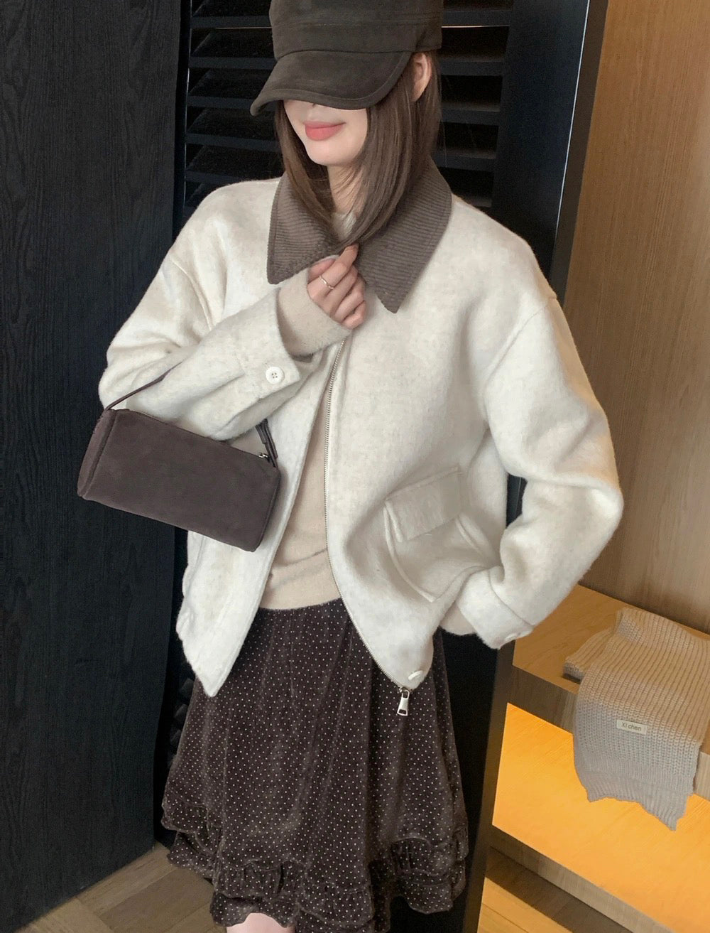 J71 / 超韓重工拼燈芯絨疊領羊毛外套(領子可拆)(65%wool)