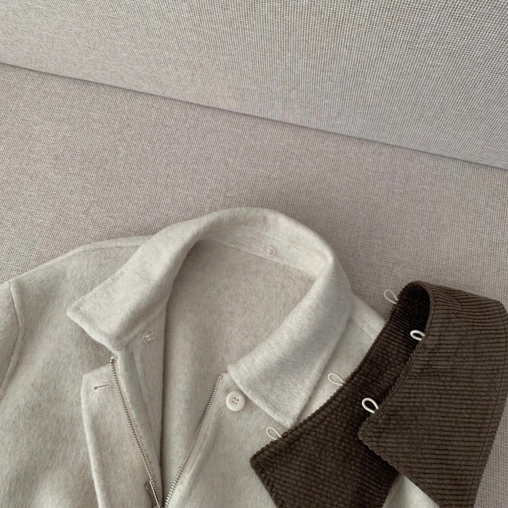 J71 / 超韓重工拼燈芯絨疊領羊毛外套(領子可拆)(65%wool)