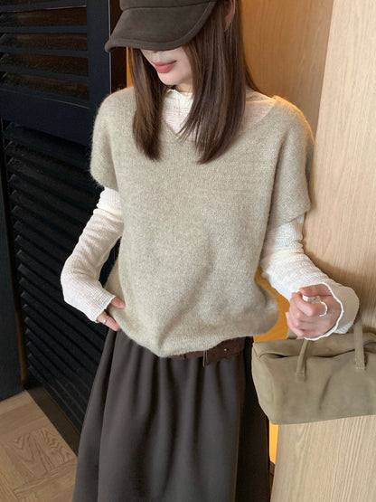 T15 / 精緻網絲小立領打底+半袖慵懶針織上衣兩件套