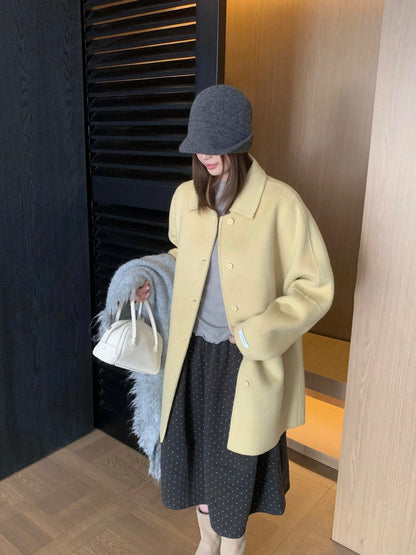 J72 / 溫柔落肩翻領排扣中長手工羊毛外套(10%alpaca+90%wool)