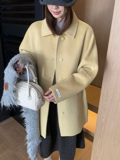 J72 / 溫柔落肩翻領排扣中長手工羊毛外套(10%alpaca+90%wool)