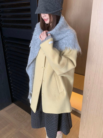 J72 / 溫柔落肩翻領排扣中長手工羊毛外套(10%alpaca+90%wool)