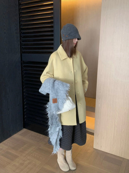 J72 / 溫柔落肩翻領排扣中長手工羊毛外套(10%alpaca+90%wool)