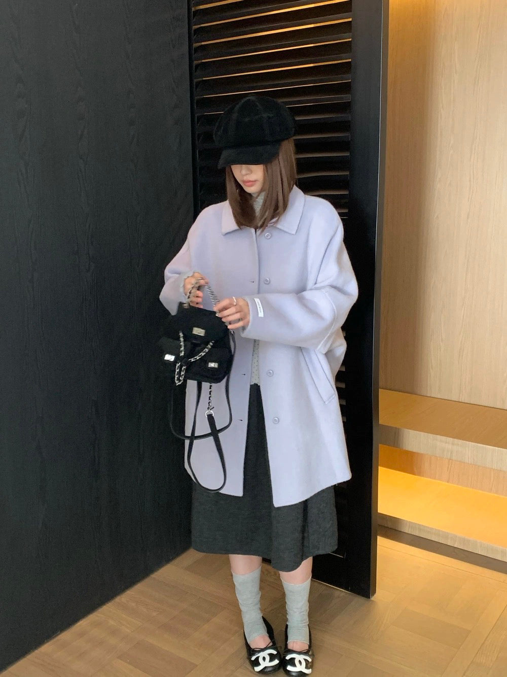 J72 / 溫柔落肩翻領排扣中長手工羊毛外套(10%alpaca+90%wool)