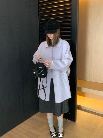 J72 / 溫柔落肩翻領排扣中長手工羊毛外套(10%alpaca+90%wool)