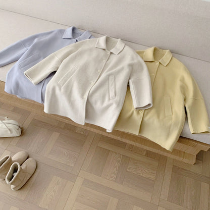 J72 / 溫柔落肩翻領排扣中長手工羊毛外套(10%alpaca+90%wool)