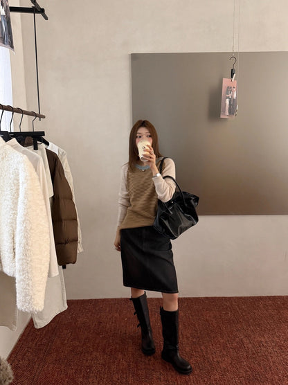 B300 / 間條撞色拼袖軟糯針織上衣(30%woo)