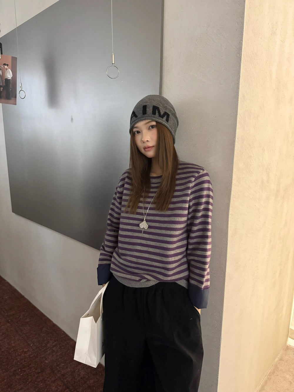B304 / 休閒老錢風拼接反袖間條圓領針織上衣