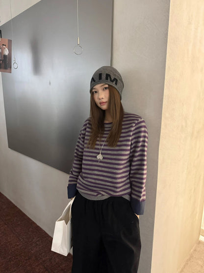 B304 / 休閒老錢風拼接反袖間條圓領針織上衣