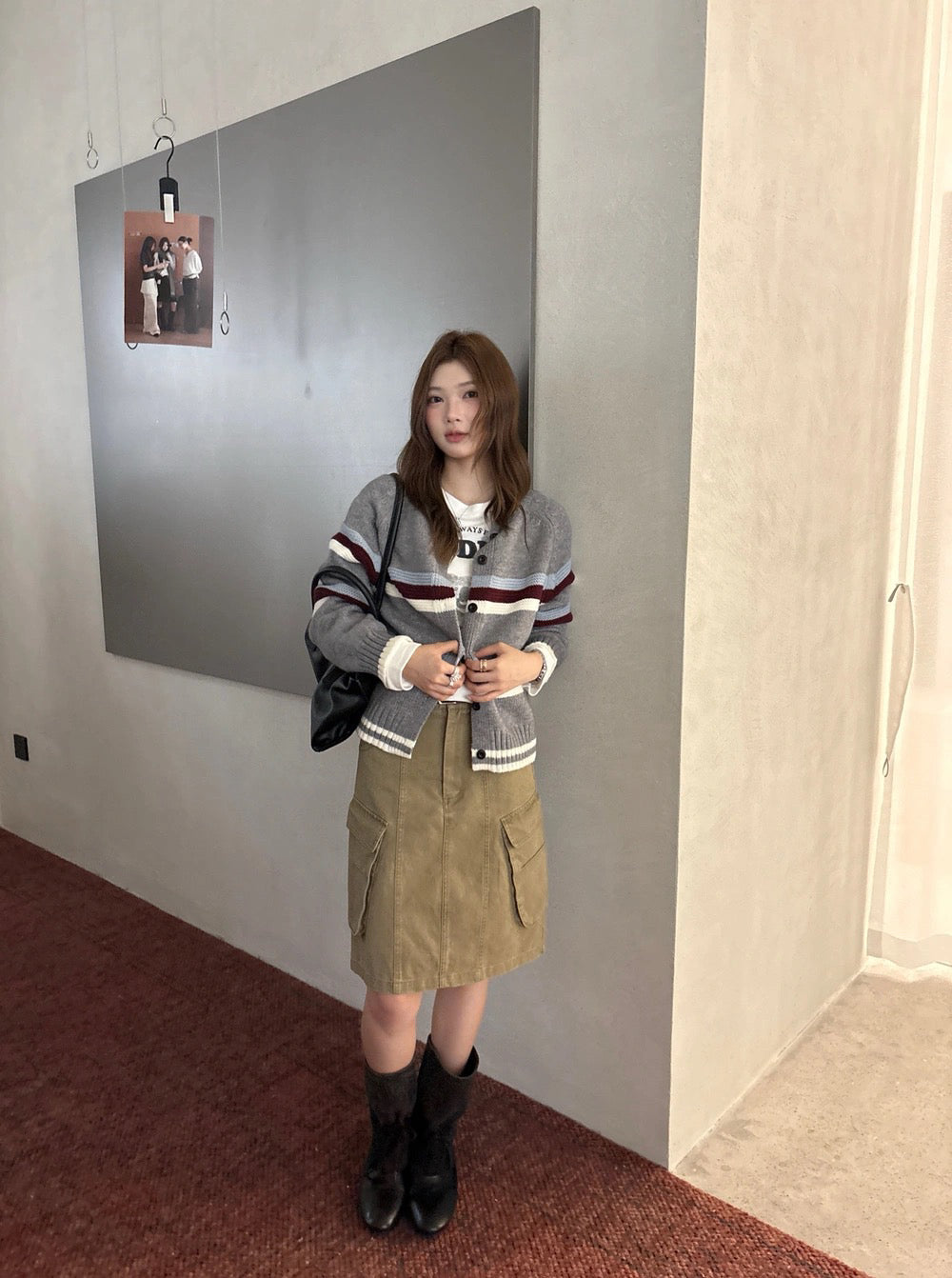 C115 / 美美撞色間條肌理感圓領針織外套