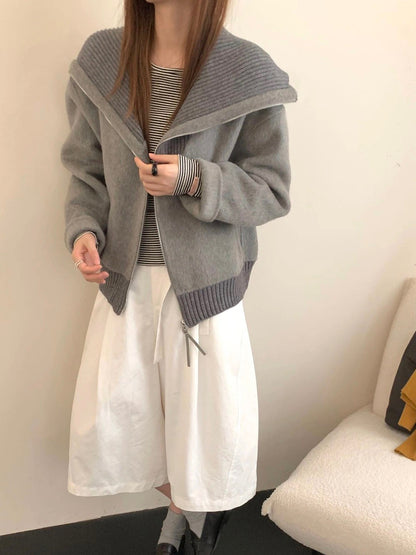 J77 / 針織大翻領拼接手工羊毛外套(65%wool)