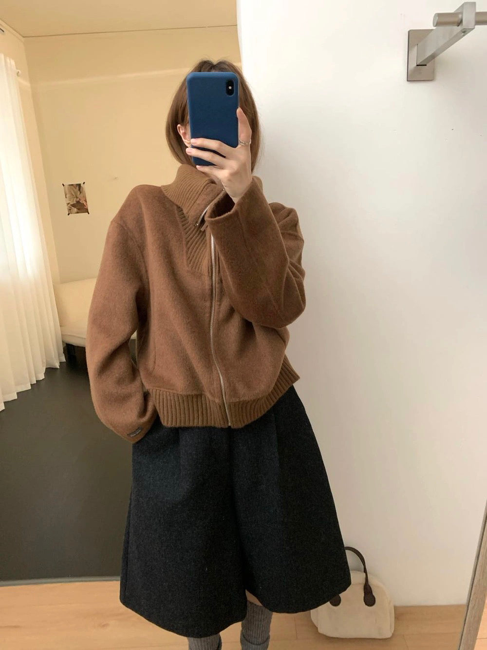 J77 / 針織大翻領拼接手工羊毛外套(65%wool)
