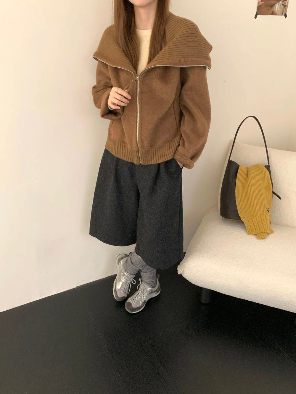 J77 / 針織大翻領拼接手工羊毛外套(65%wool)