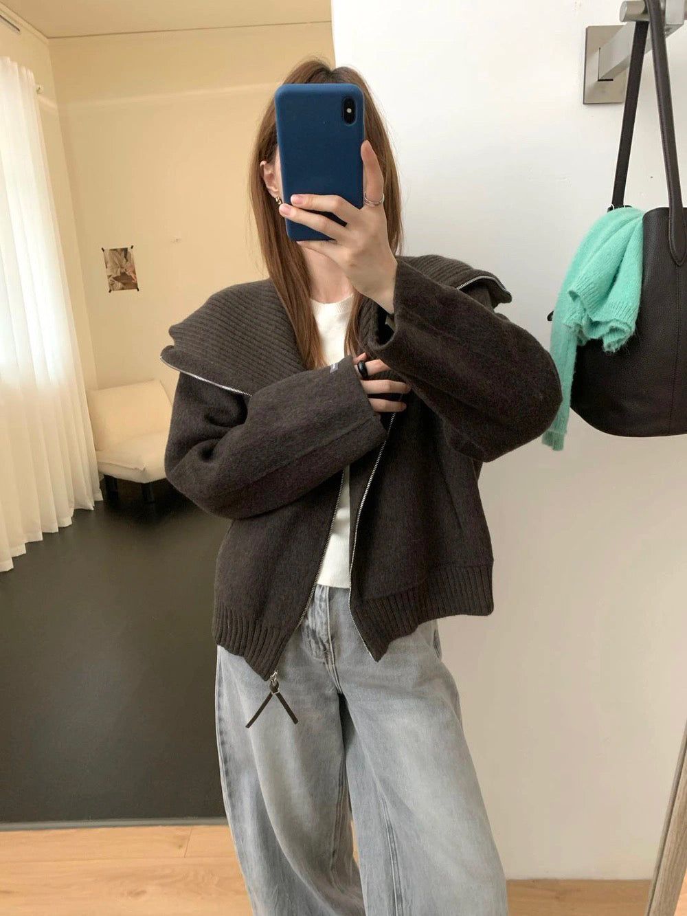 J77 / 針織大翻領拼接手工羊毛外套(65%wool)