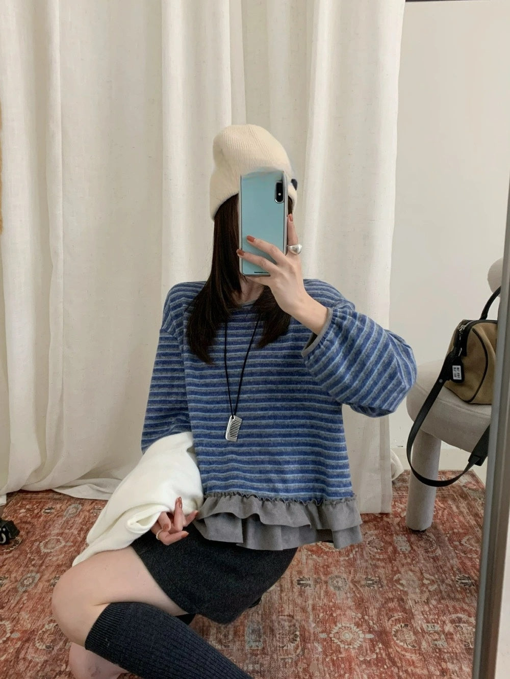 B308 / 拼接荷葉腳間條針織上衣(5%wool)