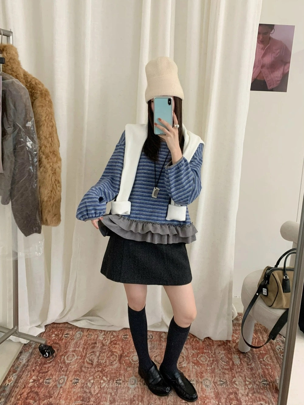 B308 / 拼接荷葉腳間條針織上衣(5%wool)