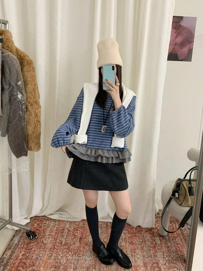 B308 / 拼接荷葉腳間條針織上衣(5%wool)