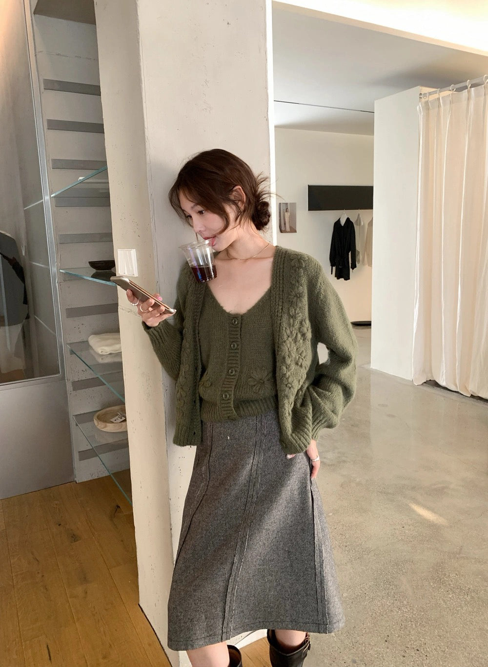 T12 / 重工立體鈎花針織小吊帶+外套套裝(20%WOOL)