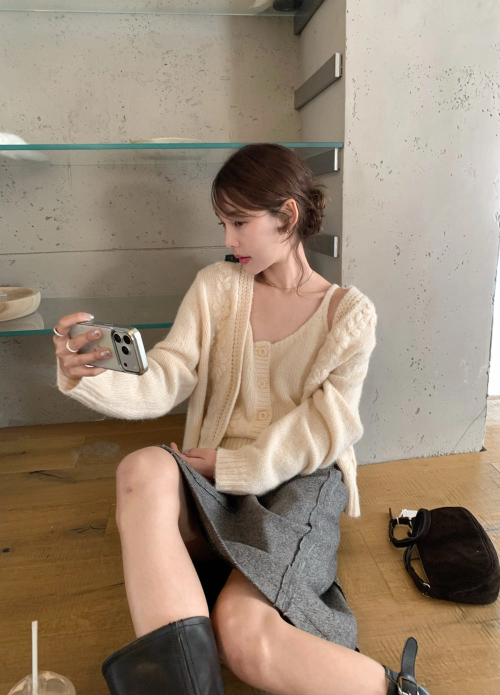 T12 / 重工立體鈎花針織小吊帶+外套套裝(20%WOOL)