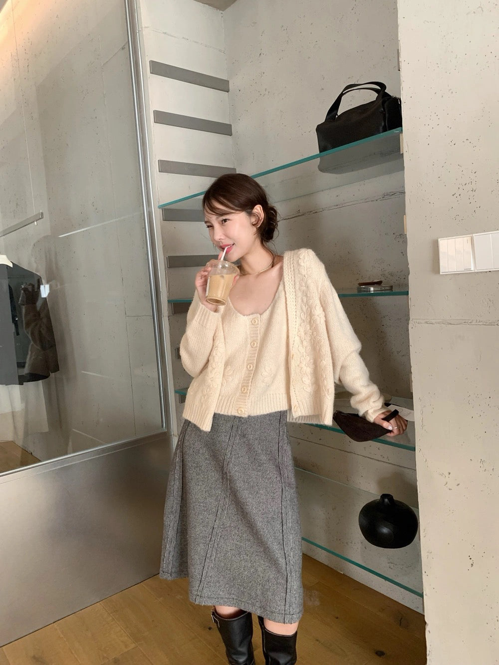 T12 / 重工立體鈎花針織小吊帶+外套套裝(20%WOOL)