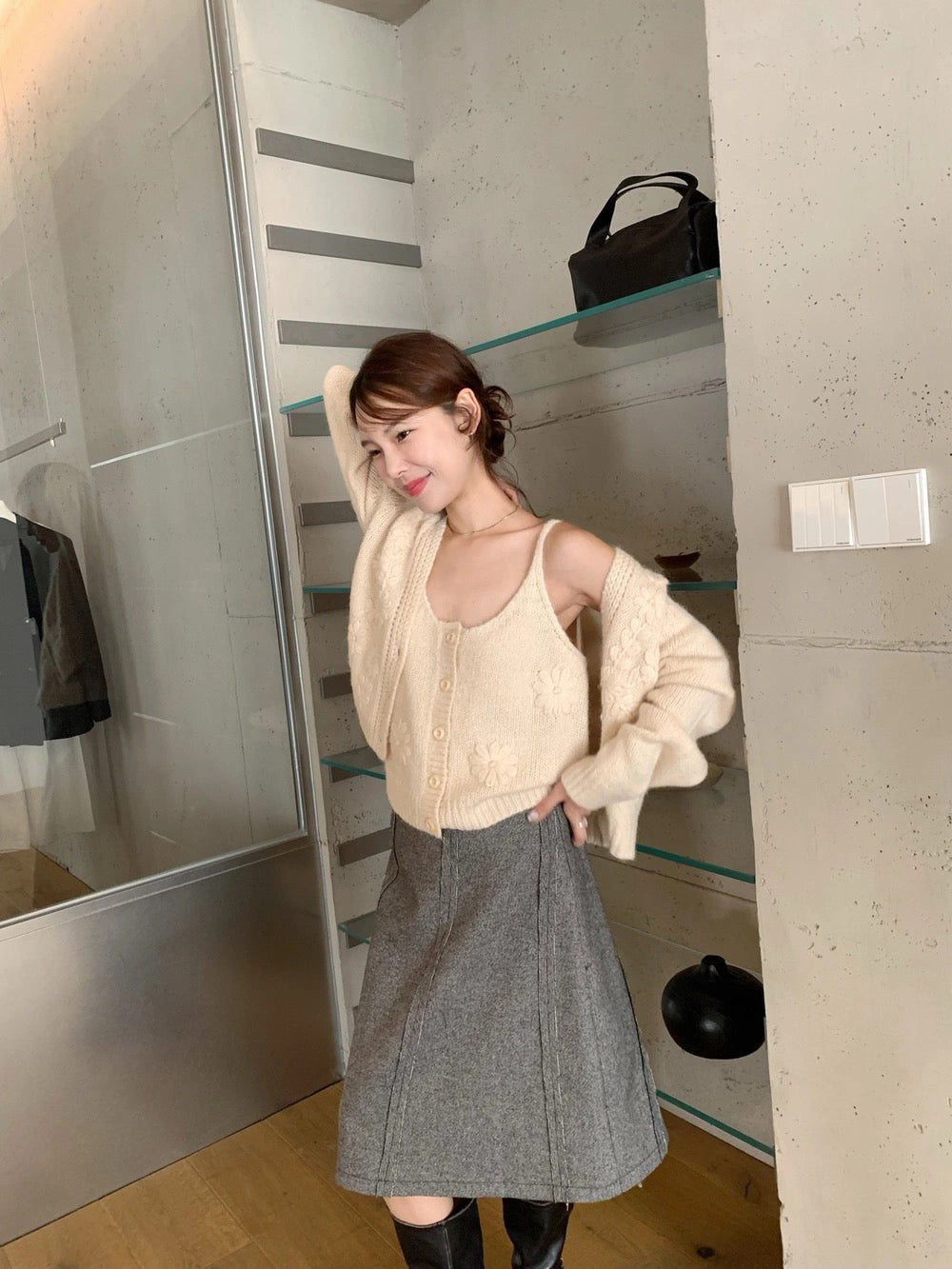 T12 / 重工立體鈎花針織小吊帶+外套套裝(20%WOOL)