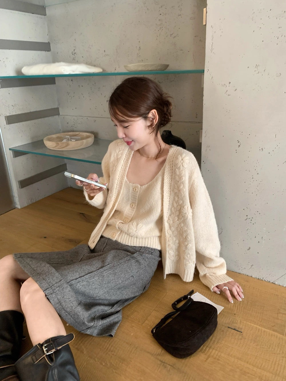 T12 / 重工立體鈎花針織小吊帶+外套套裝(20%WOOL)